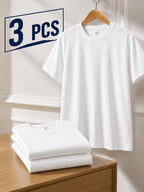 3pcs Set, Men'S White Short Sleeve T-Shirt, Round Neck Solid Color No Pattern Basic Style, Soft And Breathable Sweat-Absorbing, Easy Casual Spring Summer Regular Fit, Suitable for Commuting, Home Wear, And Daily Outfits, Sweat-Resistant - White