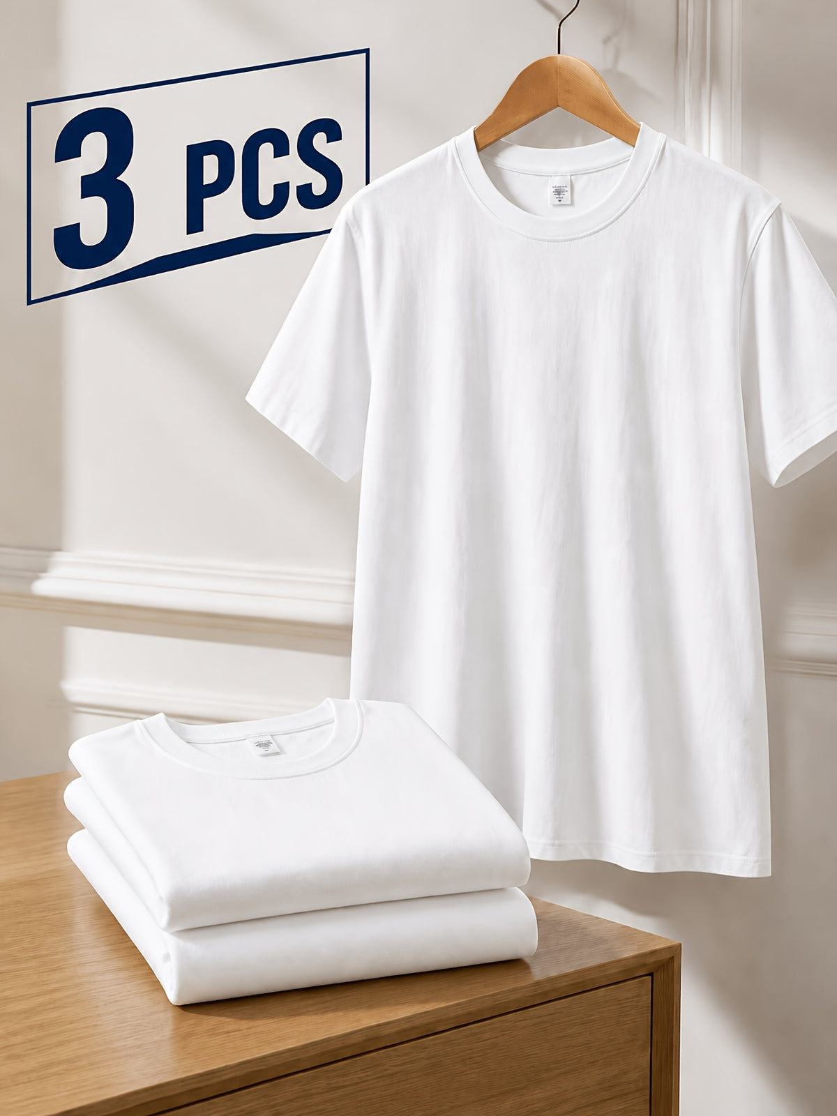 3pcs Set, Men'S White Short Sleeve T-Shirt, Round Neck Solid Color No Pattern Basic Style, Soft And Breathable Sweat-Absorbing, Easy Casual Spring Summer Regular Fit, Suitable for Commuting, Home Wear, And Daily Outfits, Sweat-Resistant - White