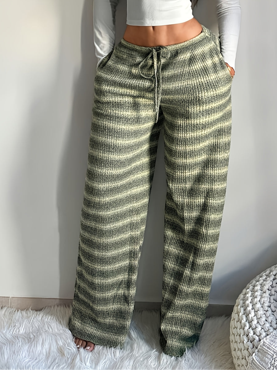 Women'S Casual Striped Textured Elastic Drawstring Waist Pocket Wide-Leg Pants - Green