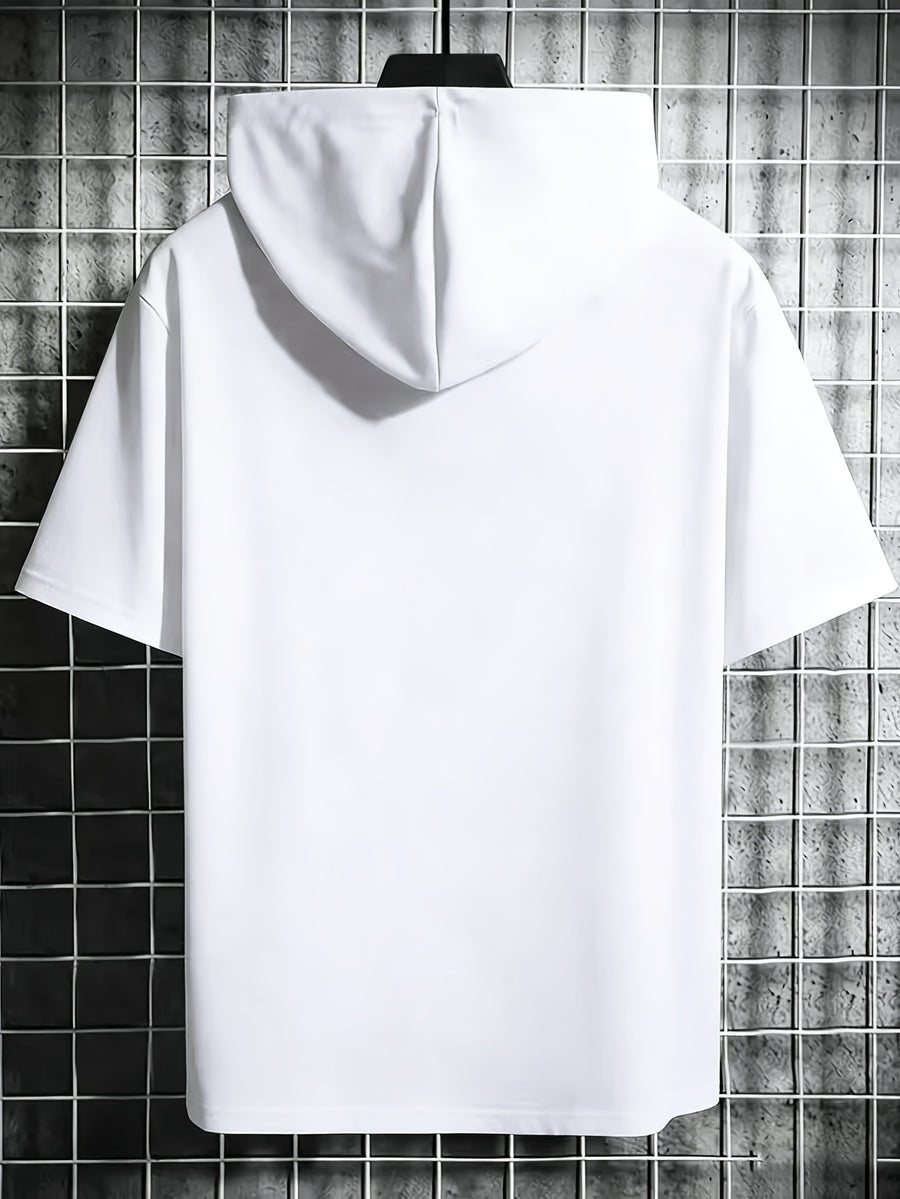 2pcs, New Summer Men's Basic Solid Color Hoodie, Drawstring Hooded Short Sleeve Top, Streetwear Trend Pullover Hoodie - Black+White