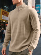 Men'S Four-Season Minimalist Casual Loose Jacquard Stand Collar Half-Zip Base Sweatshirt - Khaki