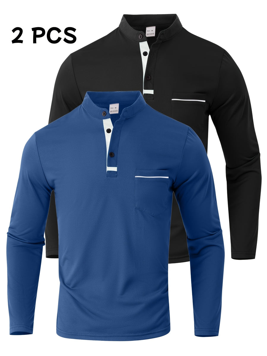 [JOSHIMAI OBM] 2pcs Men'S Long Sleeve Henley Shirts, Soft Comfortable Stretch Fabric, Lightweight Breathable Easy Care, Stand Collar 3-Button Placket Design, Contrast Color Placket And Pocket Details, Suitable for Office Commute, Business Casual - Sea Blue+Black