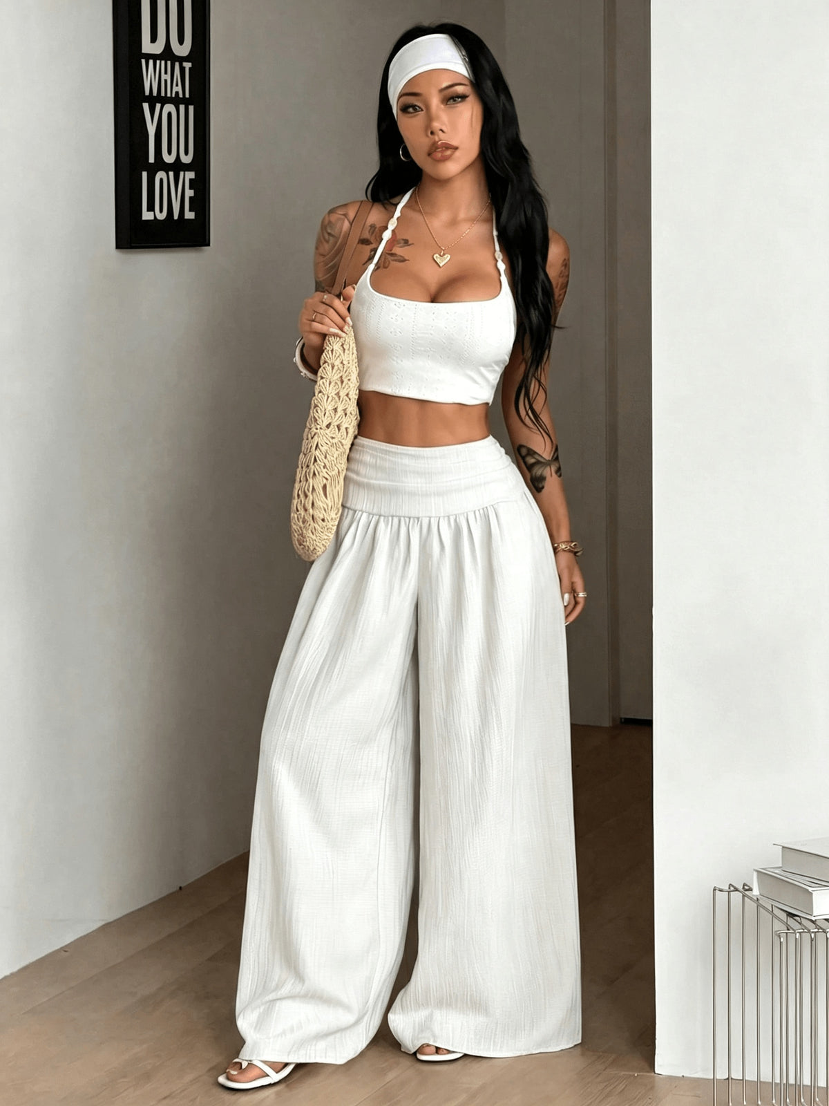 Women's Autumn/Winter Elegant Casual Vacation Solid Color Loose Textured Wide-Leg Pants - Off-white