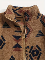 Women's Ethnic Print Microfleece Plush Zip-Up Jacket - Rust