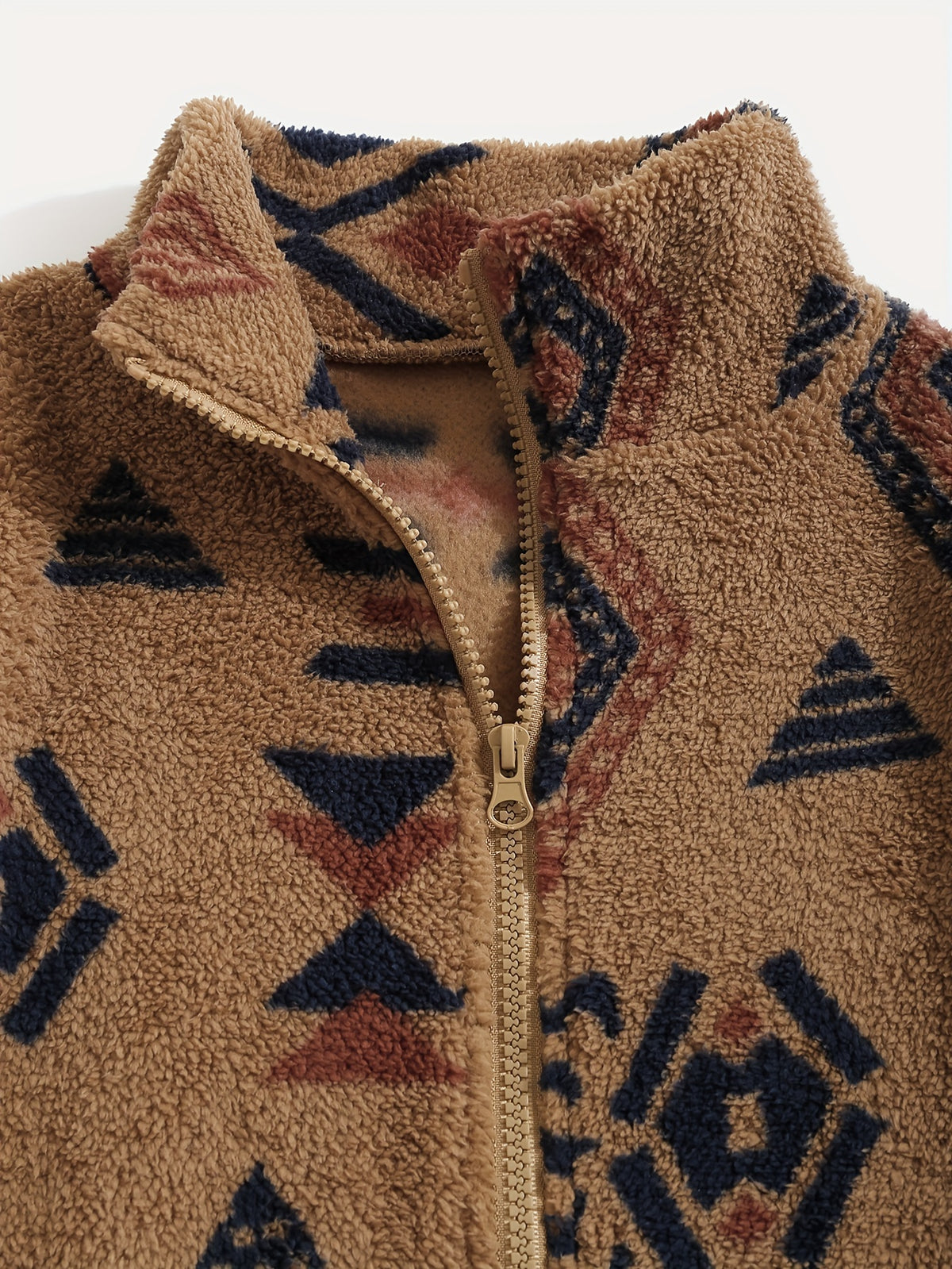 Women's Ethnic Print Microfleece Plush Zip-Up Jacket - Rust