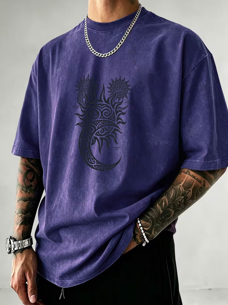 Washed Distressed Short Sleeve Loose Top, Tribal Totem Sun Vortex Trendy Print, Multi-Color Casual Matching, American Street Hip-Hop High Street Style, Daily Outing Commute Sports Fitness Couple Statement Versatile T-Shirt - Royal Blue