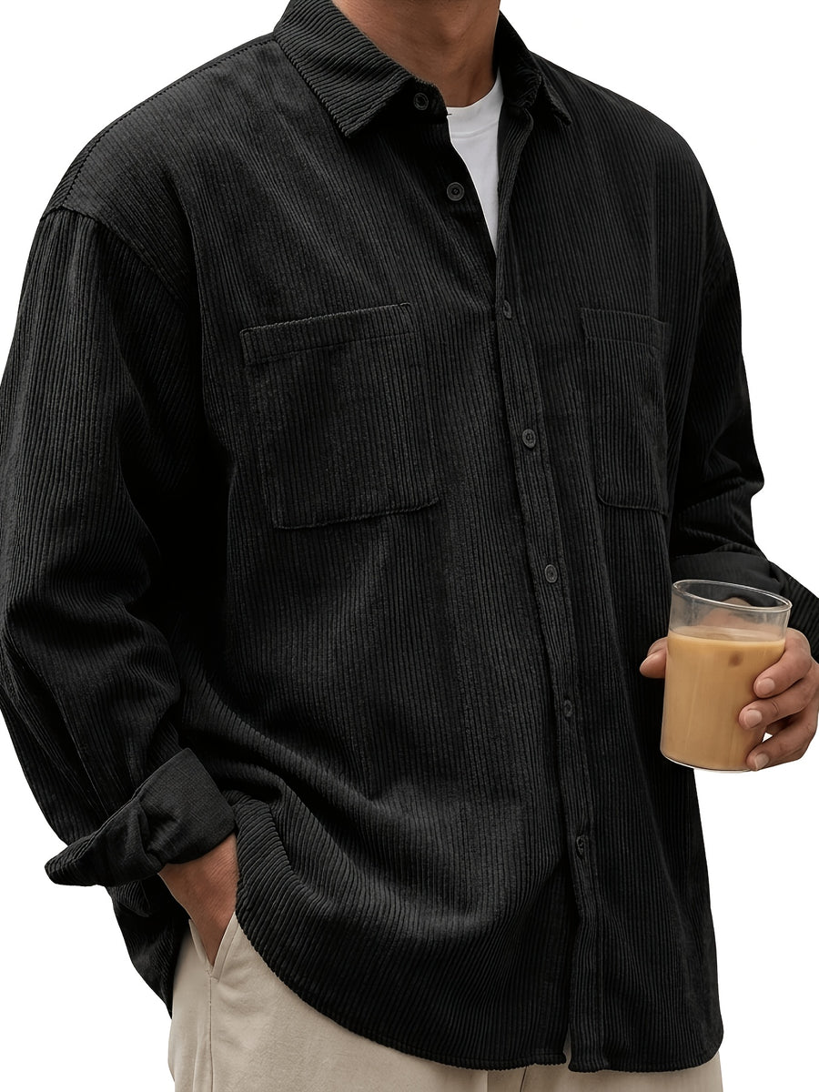Men's Corduroy Button- Shirt Jacket with Chest Patch Pockets, Long Sleeves, Autumn/winter Casual Outerwear - Black