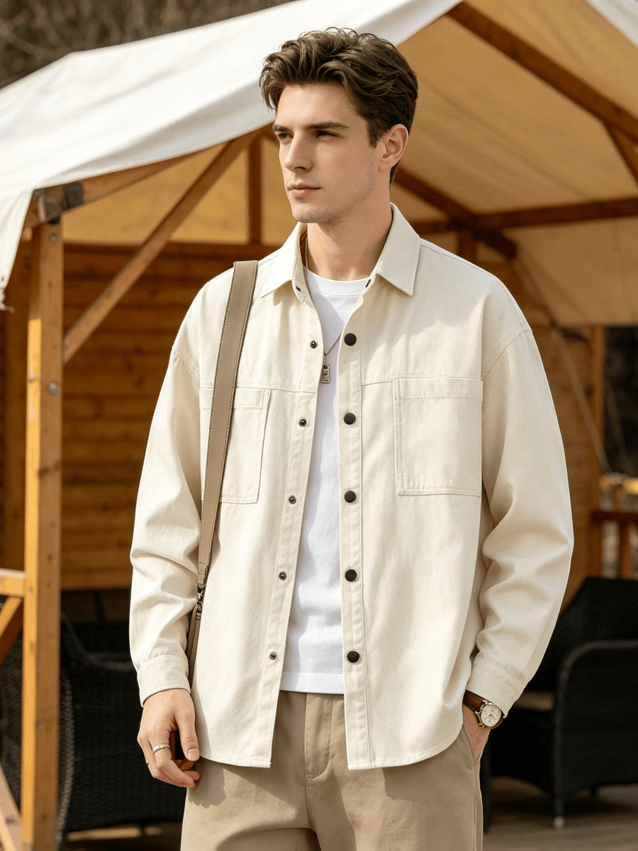 Men'S Cargo Long Sleeve Shirt, Pure Casual Blouse Loose Multi-Pocket Design Breathable Durable Fabric Street Outing Light Outdoor Camping Versatile Casual Top - Off White
