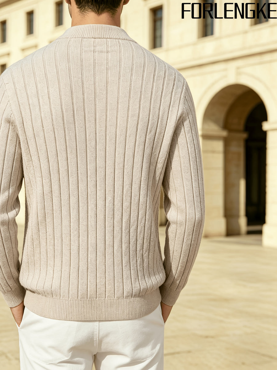 FORLENGKE Men'S Solid Color Stand Collar Cable Knit Zip Cardigan, Autumn And Winter Vintage Braided Texture Sweater, Casual Regular Fit, Suitable for Commuting And Traveling, Versatile Men'S Knit Jacket Available in Multiple Colors - Apricot