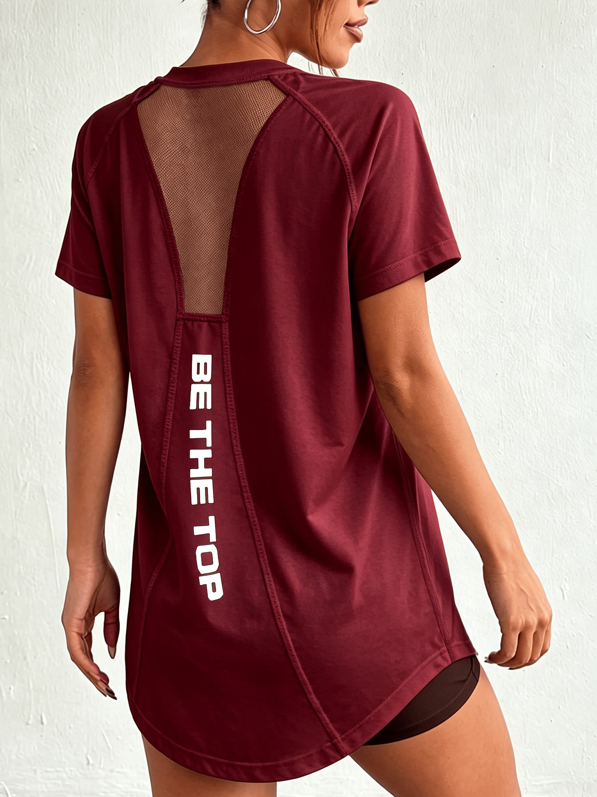 Women's Summer Mesh Breathable Short-Sleeve Quick-Dry Loose-Fit Sports T-Shirt for Fitness, Outdoor Running, and Yoga - Burgundy