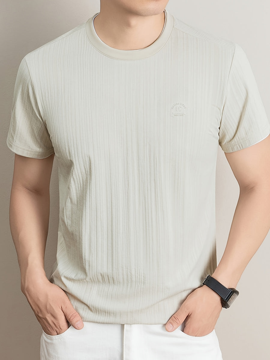 Summer New Men'S T-Shirt, Fashionable Trendy Faux Two-Piece Round Neck Short Sleeve T-Shirt for Men, Business Casual Mid-Age Men'S Solid Color Top, Suitable for Daily Work Scenarios, Men'S Gift - Beige Color