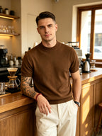 Men's Minimalist Urban Style Half-Turtleneck Short-Sleeve Knit Sweater with Fine Texture, Breathable for Spring/Summer Daily Wear - Rust