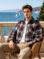 Men'S Retro Plaid Long Sleeve Shirt, Casual Loose Fit Button, Breathable Fabric, Perfect for Daily Wear, Vacation, Office And Streetwear Style - Black And Red Grid