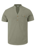 3pcs Set Men's All-cotton Polo Shirt, Men's Solid Color Loose-fit Casual -textured Workwear V-neck Pocket Henley Shirt with Short Sleeves, Suitable for the Beach, Casual Daily Wear, Commuting, Etc. - Green White Khaki Color