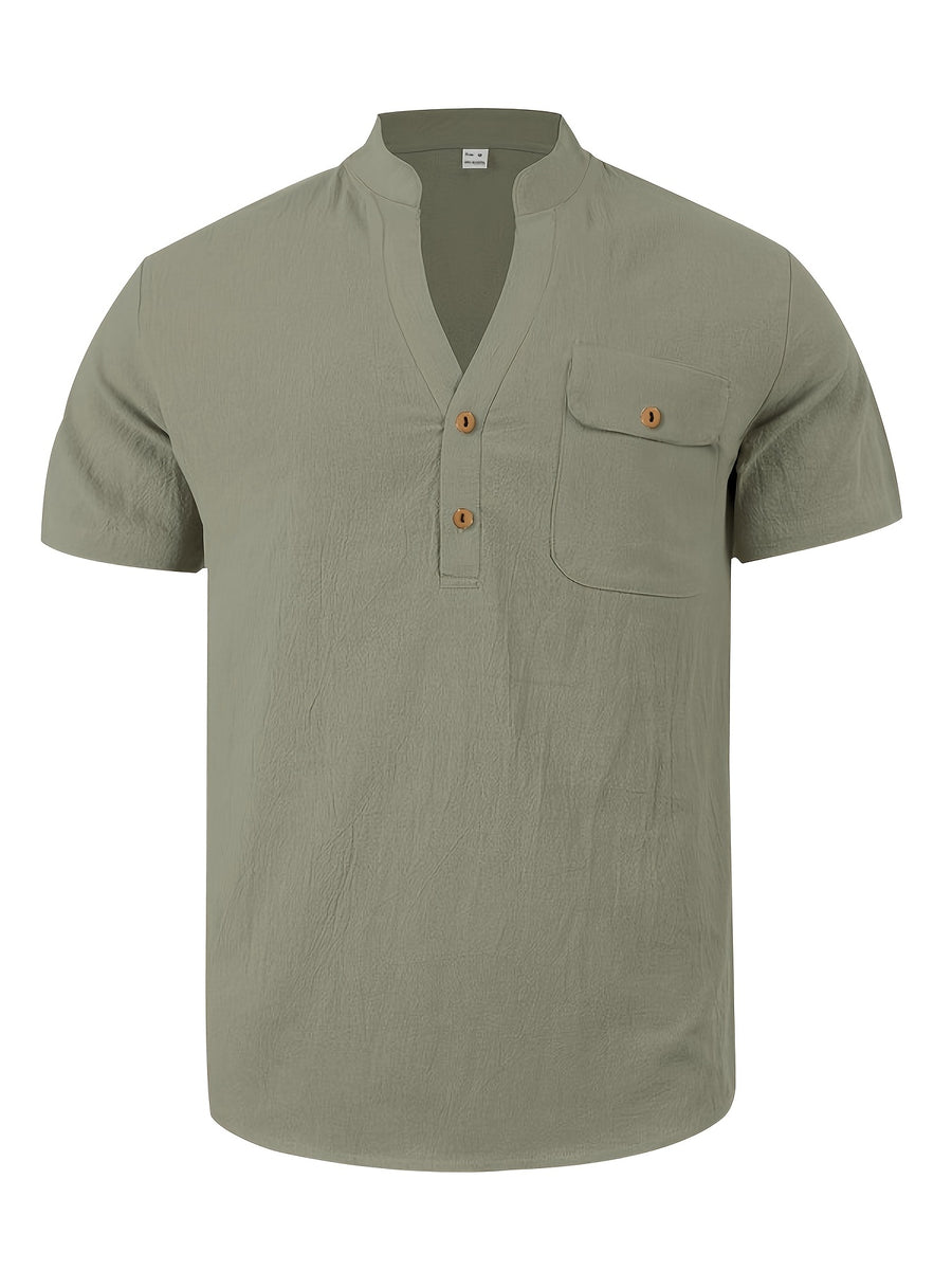3pcs Set Men's All-cotton Polo Shirt, Men's Solid Color Loose-fit Casual -textured Workwear V-neck Pocket Henley Shirt with Short Sleeves, Suitable for the Beach, Casual Daily Wear, Commuting, Etc. - Green White Khaki Color