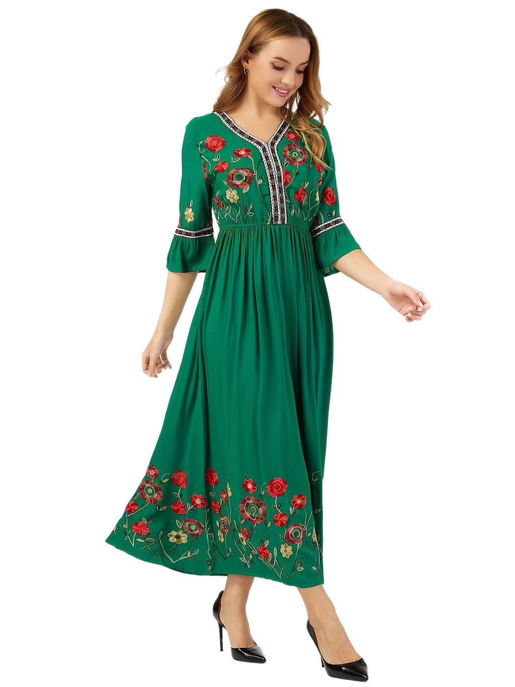 Bohemian Style Women'S Floral Embroidered Maxi Dress - V-Neck, 3/4 Sleeve, Elastic High Waist, Slight Flare Skirt, Ideal for Wedding Guests, Vacation, And Casual Wear - Green