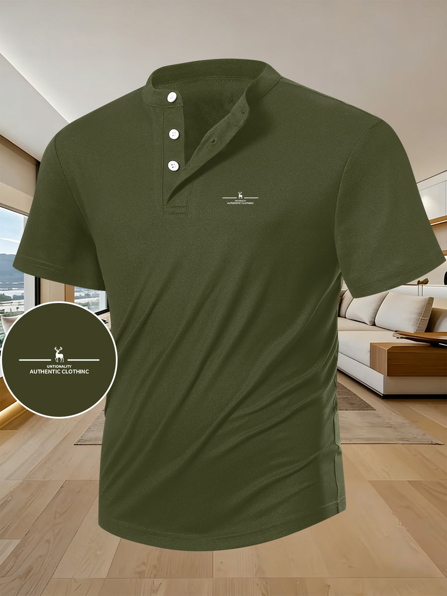 Men's Summer Short-Sleeve Henry (Button-Front Henry) T-Shirt - Breathable Stand Collar, Casual Button- Shirt for Outdoor & Casual Attire, Machine Washable Summer Clothing Suitable for Casual, Office & Semi-Formal Occasions - Army Green