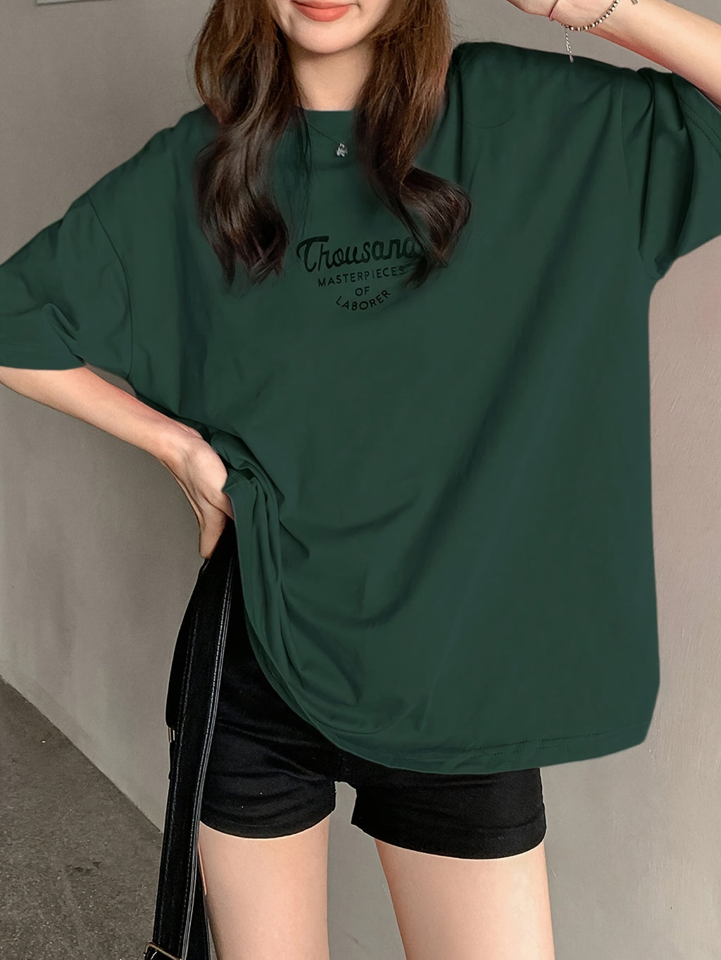 Women's Oversized T-Shirt - Loose Fit Short Sleeve Top with Letter '' Print, Round Neck Casual Summer Blouse for Spring Summer Fall, Breathable Casual Attire (Hand Washable) - Dark Green