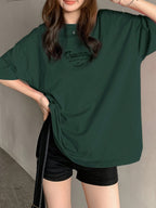 Women's Oversized T-Shirt - Loose Fit Short Sleeve Top with Letter '' Print, Round Neck Casual Summer Blouse for Spring Summer Fall, Breathable Casual Attire (Hand Washable) - Dark Green