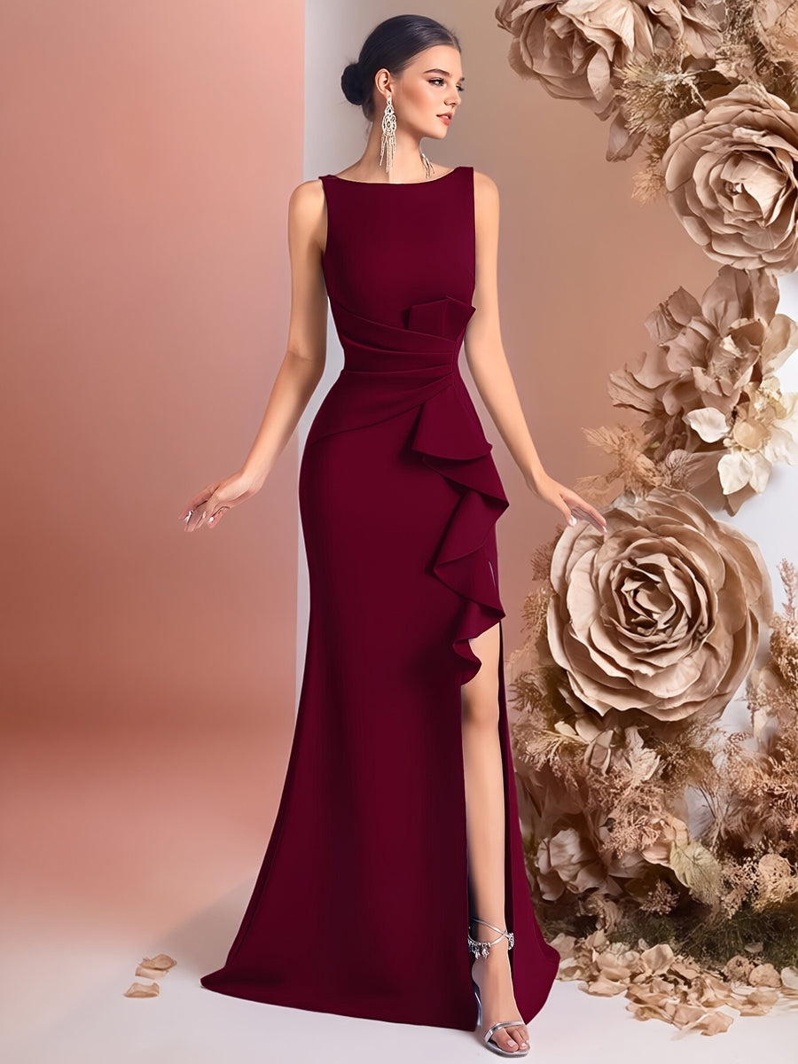 Women'S Round Neck High-Waist Slit Dress, Suitable for Dances, Parties, Formal Dinners, And Other Occasions, Wedding Bridesmaid Dresses, Birthday Parties, Graduation Ceremony Dresses - Burgundy