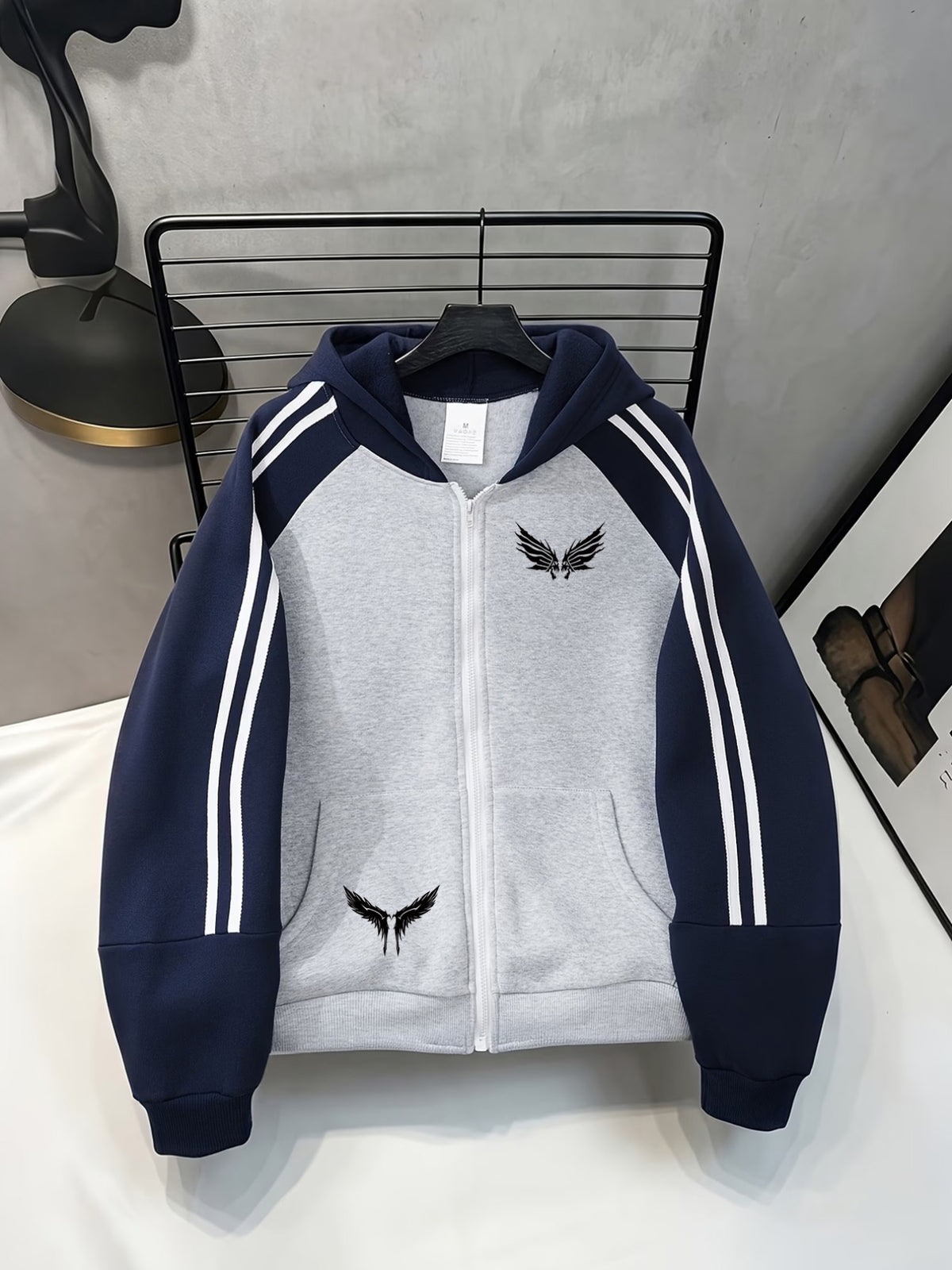 Rebellious Cool Boy Autumn Style Zipper Hooded Long Sleeve Sweatshirt, Color-Block Patch Shoulder Double Stripe Pattern with Symmetrical Wings Trendy Cool Print, Elastic Ribbed Cuffs Block Cold Air, Breathable Polyester Fiber Soft And Skin-Friendly - Light Twist Gray