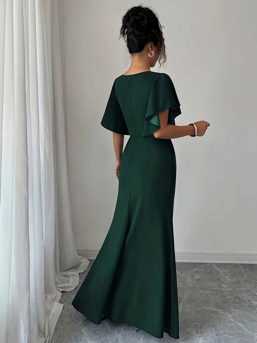 Women'S New Temperament Elegant Solid Ruffled Sleeve V-Neck Waist Ruched Slit Fishtail Party Dress - Dark Green