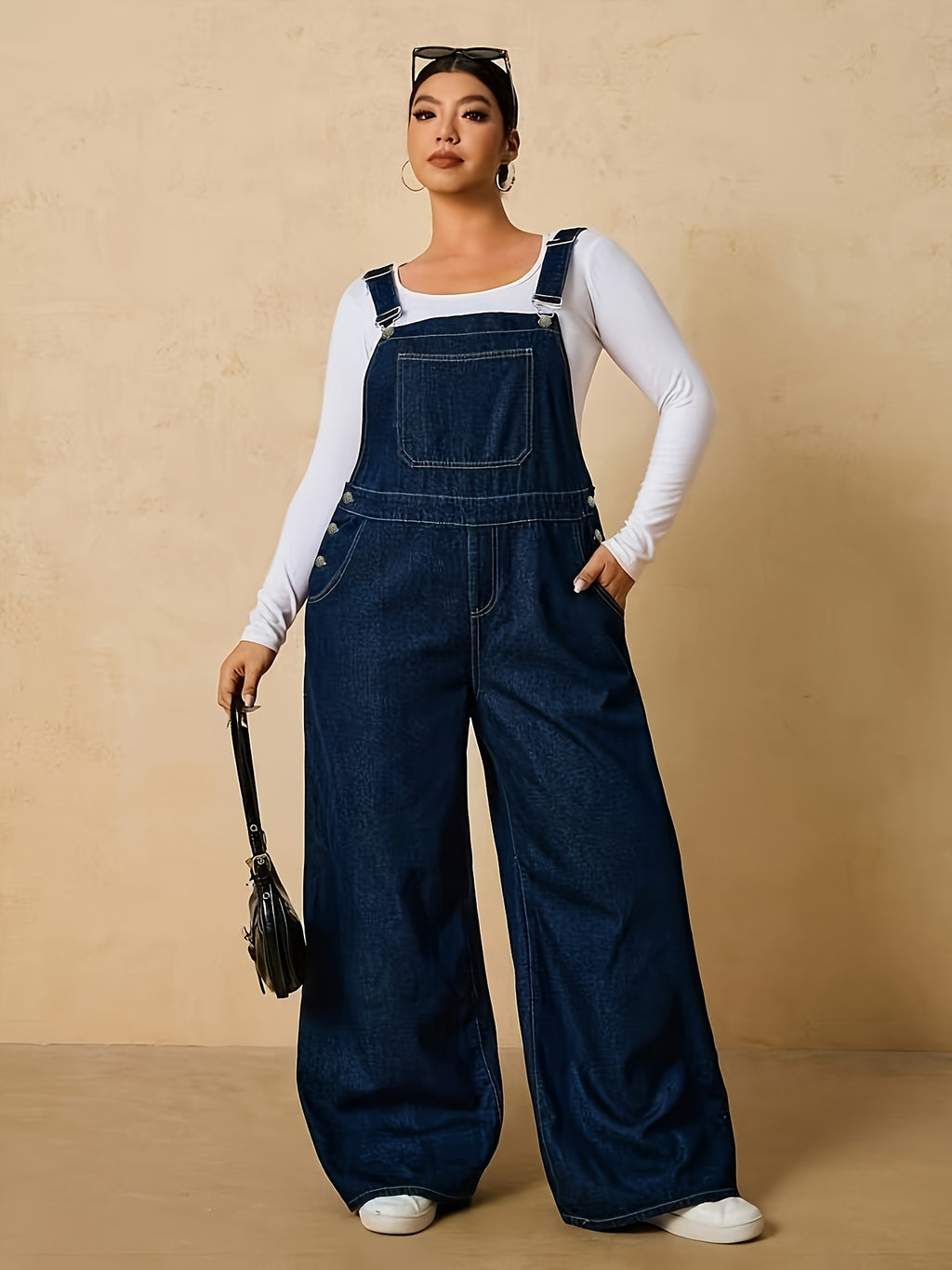 Plus Size Women'S Loose Casual Denim Jumpsuit, with Pockets - Blue