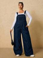 Plus Size Women'S Loose Casual Denim Jumpsuit, with Pockets - Blue