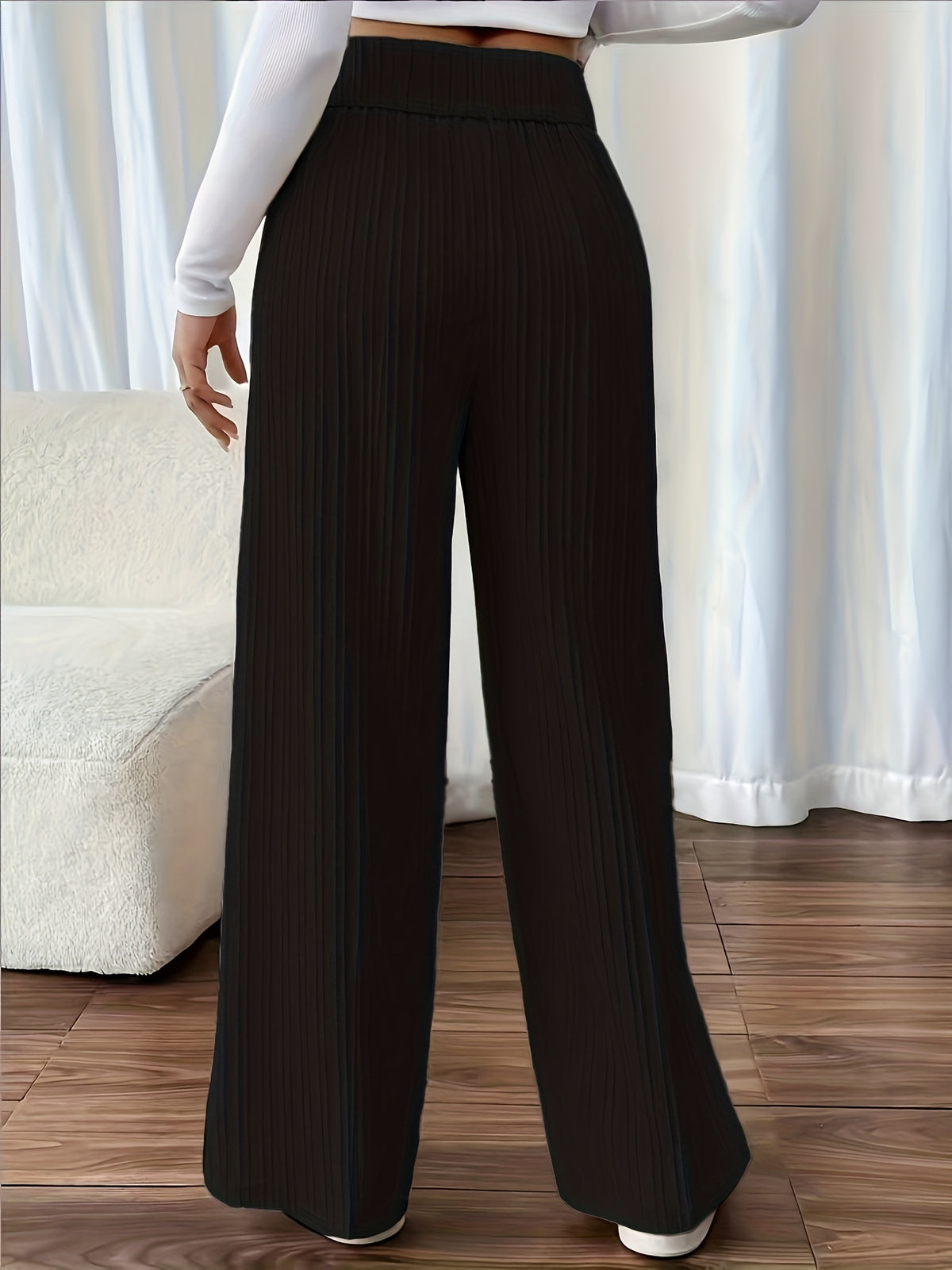 Women's Elegant Wide-Leg Pants with Textured Fabric - Machine Washable All-Season Trousers for Casual & Formal Wear - Black