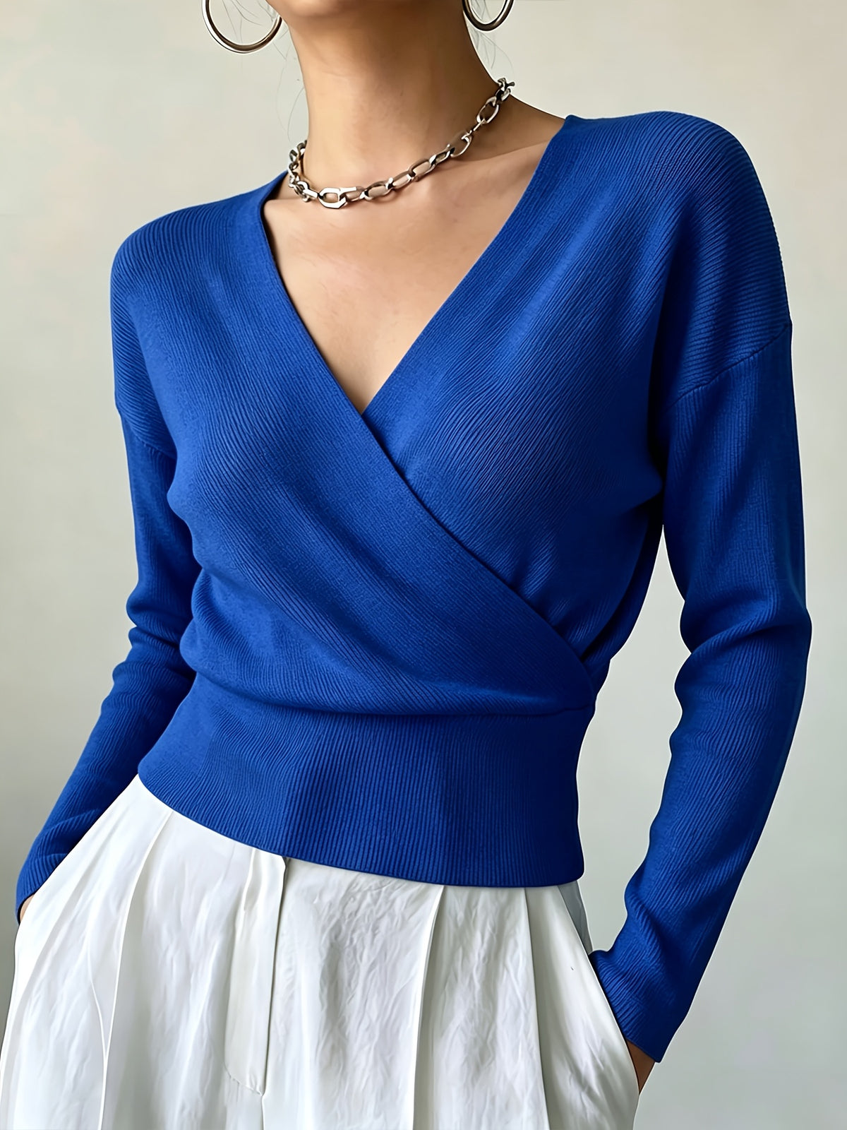 Women'S New Arrivals INS Autumn/Winter Cross-Collar Pullover, Elegant Versatile Loose Fit Machine Washable Long-Sleeve Knitwear - Royal Blue