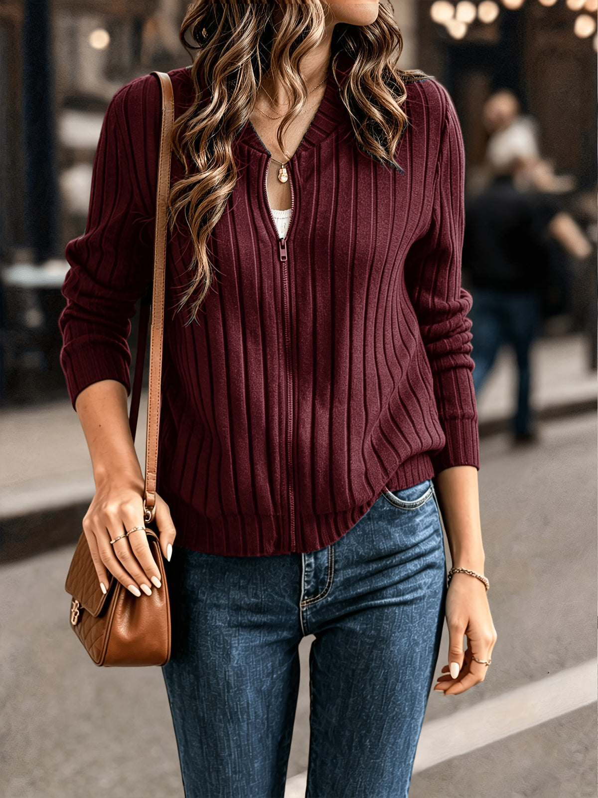 Elegant Directional, Elegant Solid Color Ribbed Zipper Long-Sleeve Jacket Coat - Autumn/Winter Style, Suitable for Commuting, Elegant Casual Wear, Wear - Red