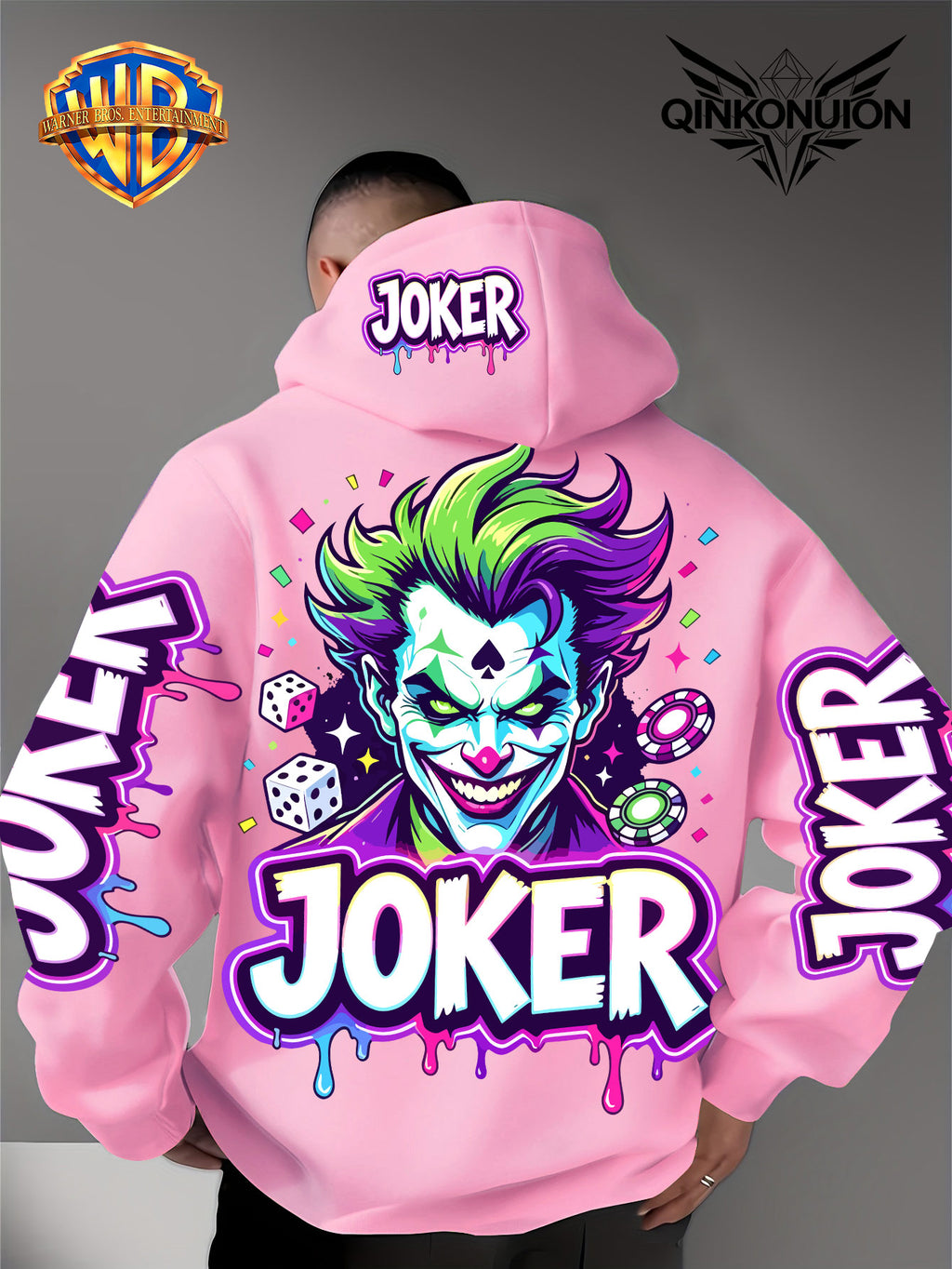 Warner Official Men'S Hoodie, Neon Clown Avatar Chess And Card Graffiti Trendy Print Design, Machine Washable, Warm And Casual for Autumn And Winter, Daily Drawstring Hoodie, Multi-Functional Sports And Leisure Loose Version - Pink Color