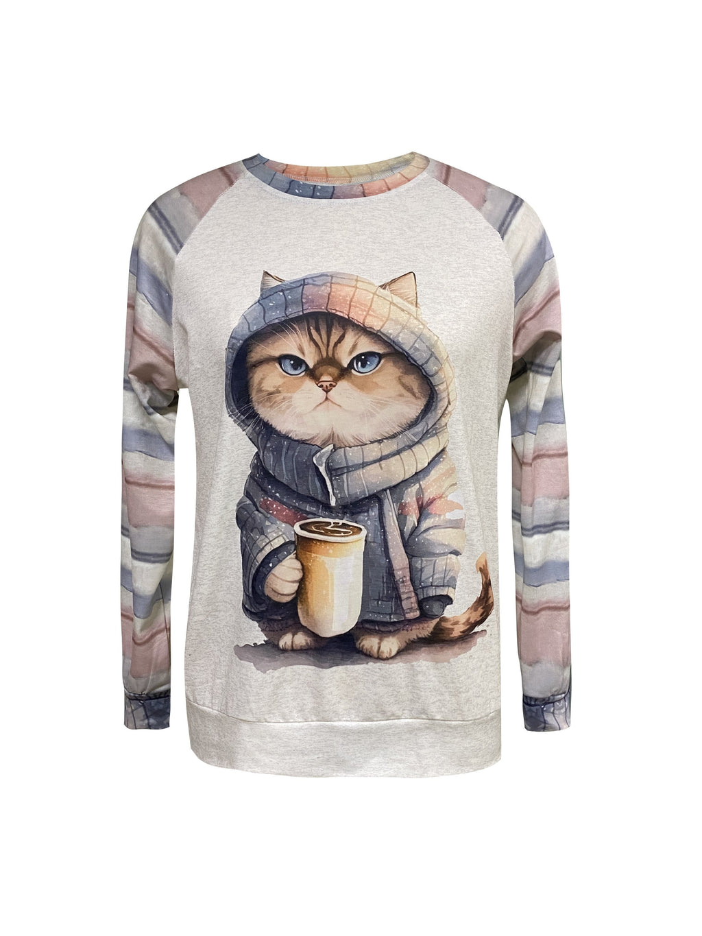 Kitten Print Crew Neck Sweatshirt, Casual Long Sleeve Drop Shoulder Sweatshirt, Women's Clothing - Apricot
