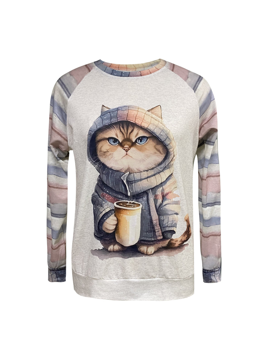 Kitten Print Crew Neck Sweatshirt, Casual Long Sleeve Drop Shoulder Sweatshirt, Women's Clothing - Apricot