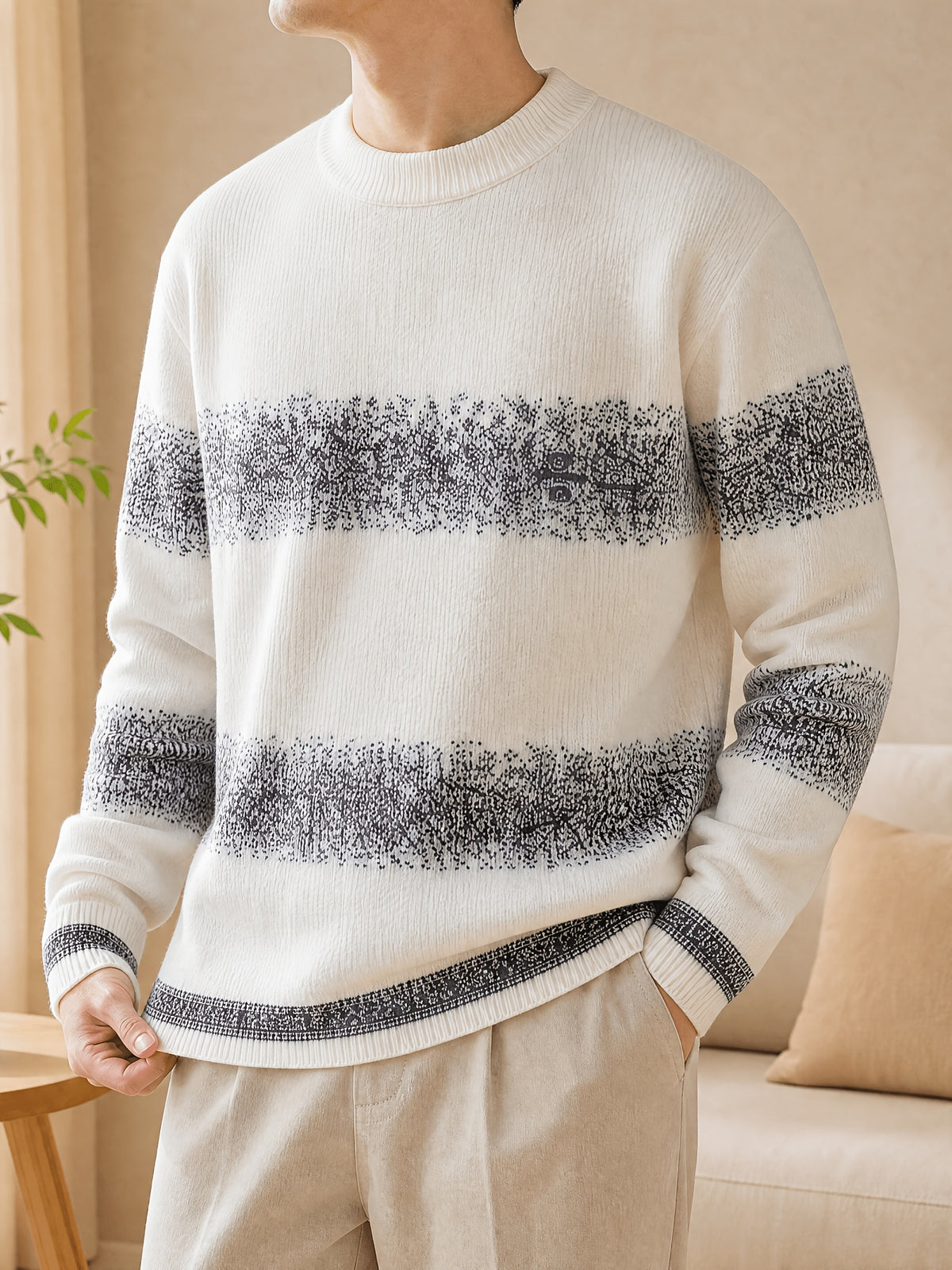 1pc Du Jing Lan OBM Men's Knit Sweater - Old Money Style Color Striped Crew Neck Sweater Suitable for Layering, Business Casual & Outdoor Wear, Warm Winter Pullover for Golf, Basketball, Running, Daily Layering (Regular Fit) - White