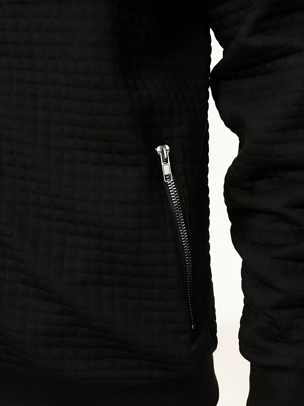 Pearson OBM Men's Casual Jacket, Checkered Embossed Stand Collar Zipper Baseball Jacket, Waffle Texture with Side Seam Slit Pockets, Solid Color Loose Fit Commuter Casual Pilot Jacket for Spring/Autumn - Black