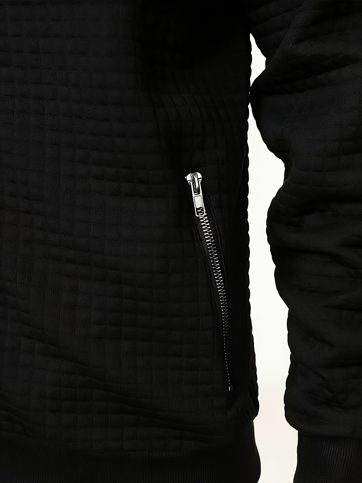 Pearson OBM Men's Casual Jacket, Checkered Embossed Stand Collar Zipper Baseball Jacket, Waffle Texture with Side Seam Slit Pockets, Solid Color Loose Fit Commuter Casual Pilot Jacket for Spring/Autumn - Black