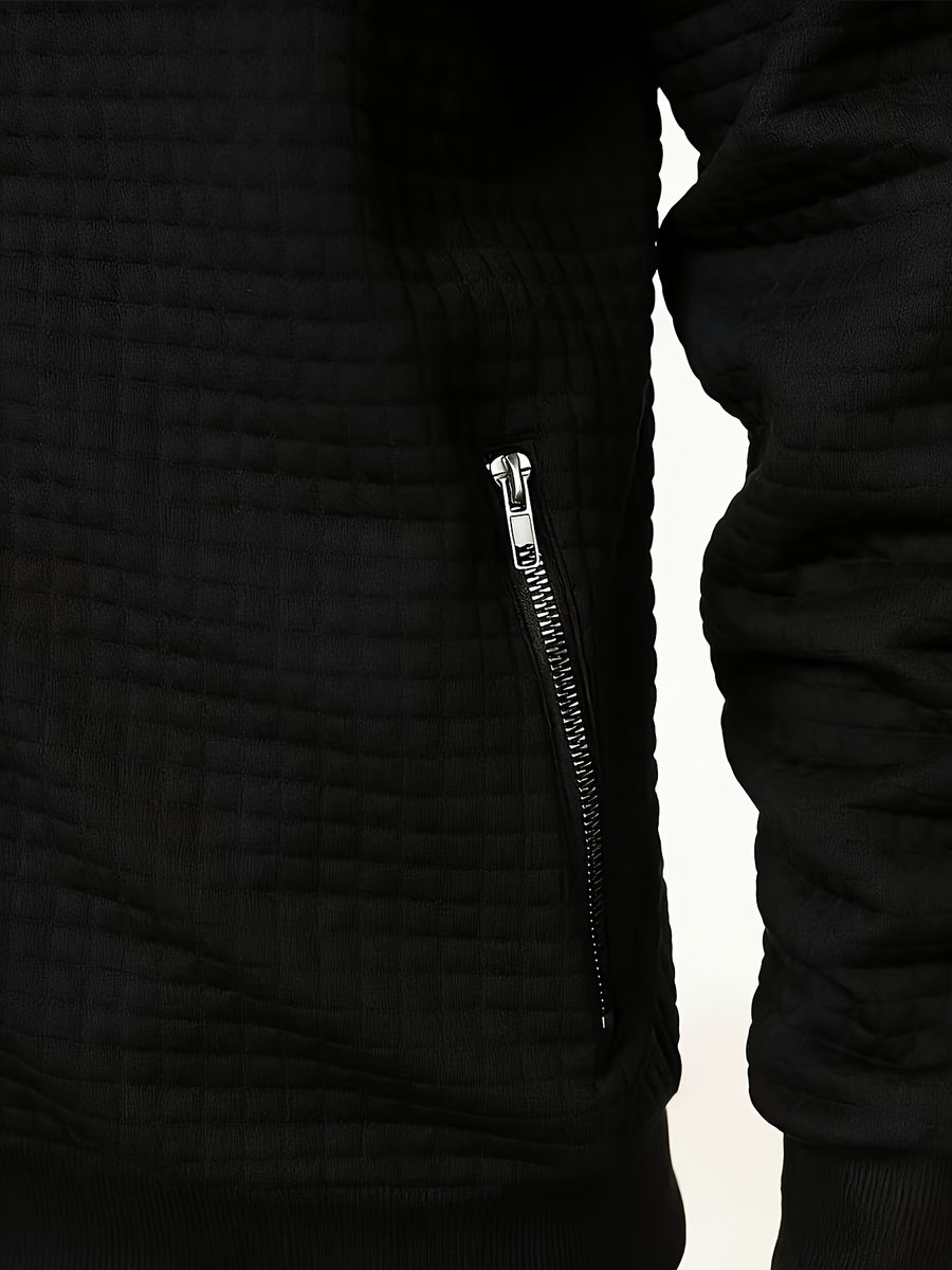 Pearson OBM Men's Casual Jacket, Checkered Embossed Stand Collar Zipper Baseball Jacket, Waffle Texture with Side Seam Slit Pockets, Solid Color Loose Fit Commuter Casual Pilot Jacket for Spring/Autumn - Black