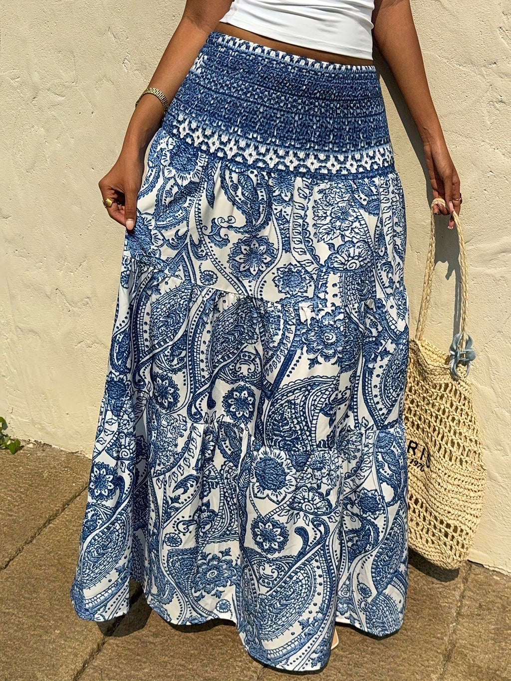 Women's Spring/Summer Vacation Daily Casual Bohemian Print Tie-Waist Long Skirt - Blue