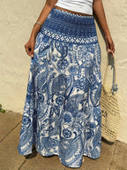 Women's Spring/Summer Vacation Daily Casual Bohemian Print Tie-Waist Long Skirt - Blue