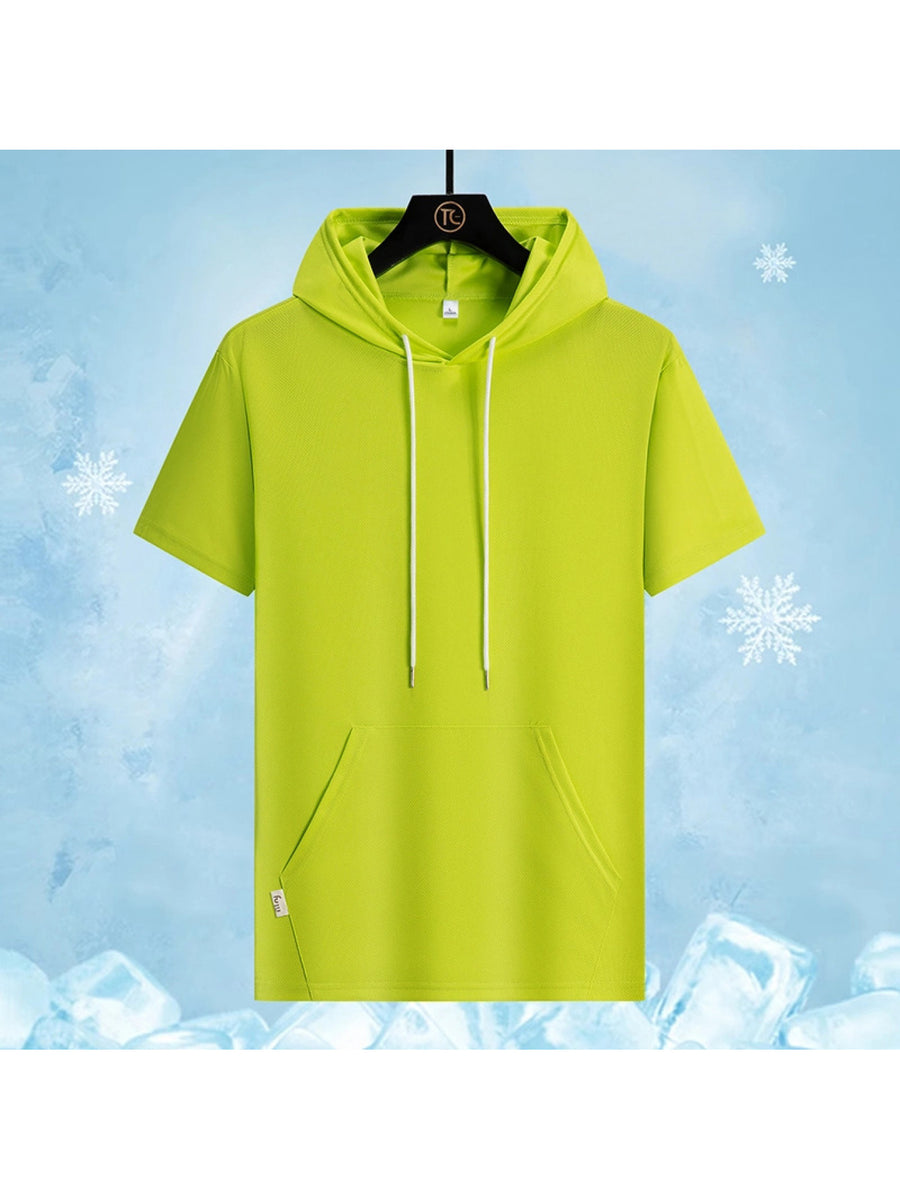 T-shirt, Cool and Breathable for Summer, New Hooded Short-sleeve Men's Sports T-shirt, Fashionable Trendy Brand, Loose and Breathable, Casual Sports Wear - Fluorescent Green