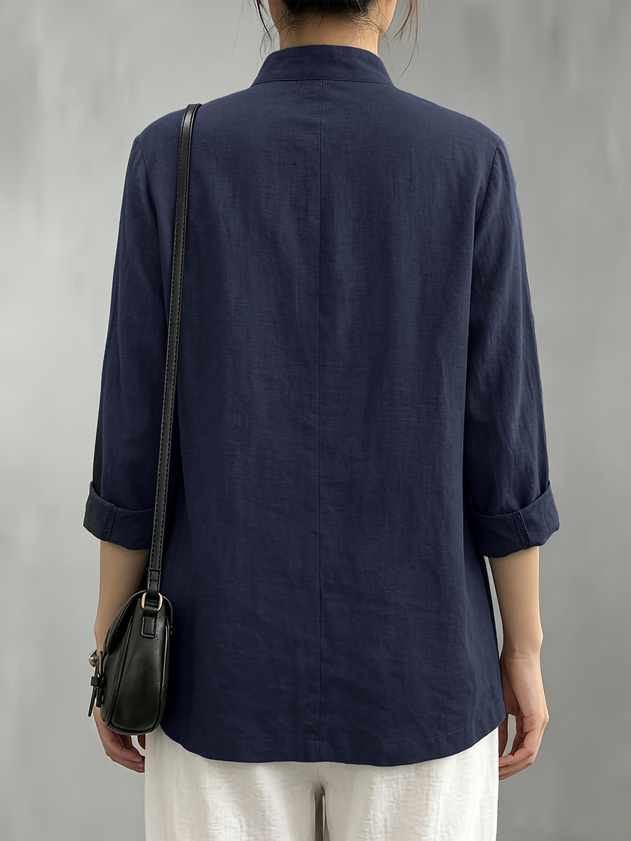 Chinese Style Small Lapel Three-Quarter Sleeve, Relaxed Style Breathable Casual Vacation All-Match Jacket - Navy Color