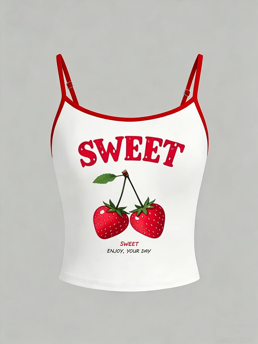 Women'S Tight Fruit Print Casual Camisole Tank Top, Summer Cami Top, Casual Vest, Vacation Vest, Casual Daily, Commute, Vacation Style, New Summer Styles - Red