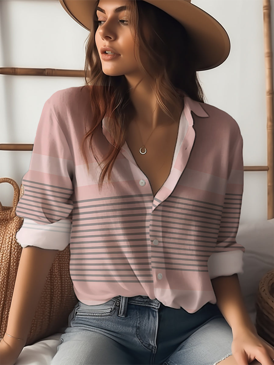 Spring/Autumn Women'S Casual Lapel Long Sleeve Shirt, Pinkish-Gray Striped Print, Everyday Versatile Top, Printed Design - Non-Textured - Mixed colors