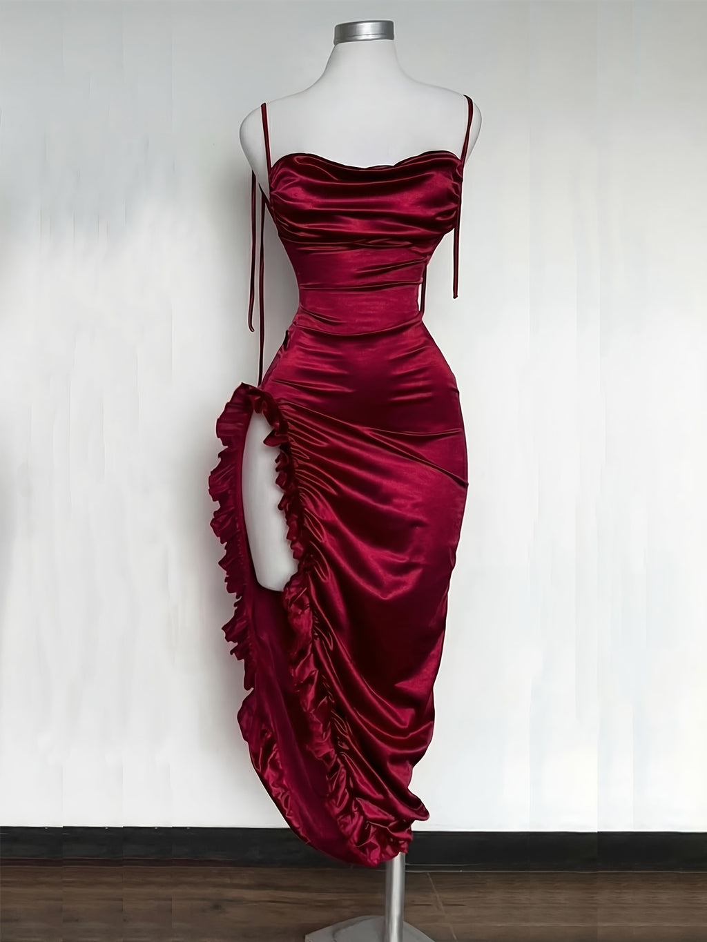 Y2K Asymmetrical Ruffle Dress, Suitable for Vacation Dresses, Easter Beachwear, Hawaiian Music Festival, Tropical Vacation Outfits, Christmas, Thanksgiving, New Year's Eve Party Dress, Niannian - Burgundy