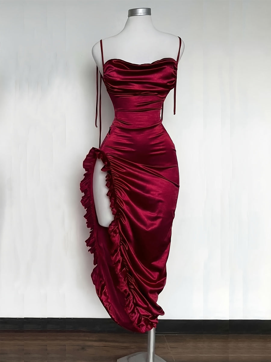Y2K Asymmetrical Ruffle Dress, Suitable for Vacation Dresses, Easter Beachwear, Hawaiian Music Festival, Tropical Vacation Outfits, Christmas, Thanksgiving, New Year's Eve Party Dress, Niannian - Burgundy