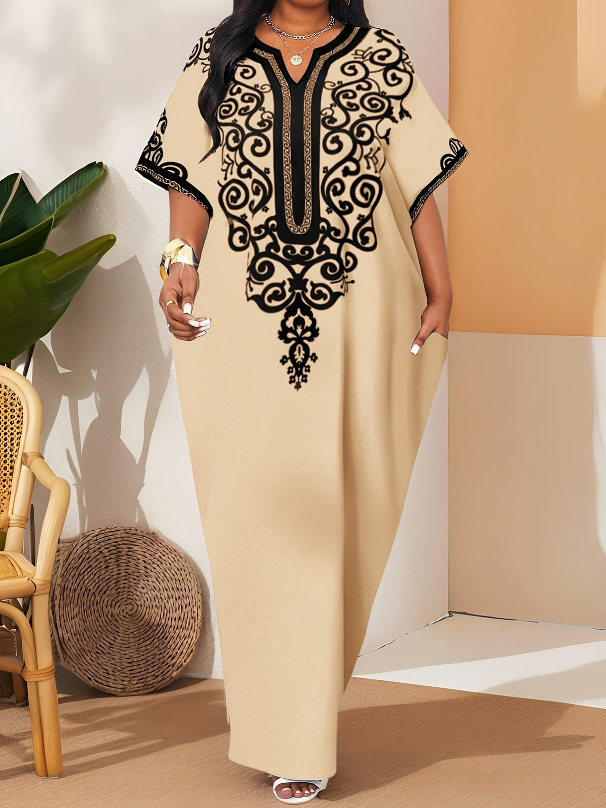 Spring/Summer Vacation Home Dress for Women, Light Khaki/Black Baroque Print, Notched V-Neck, Batwing Half Sleeves, Loose Straight-Cut Maxi Dress, Cropped Length - Light Beige