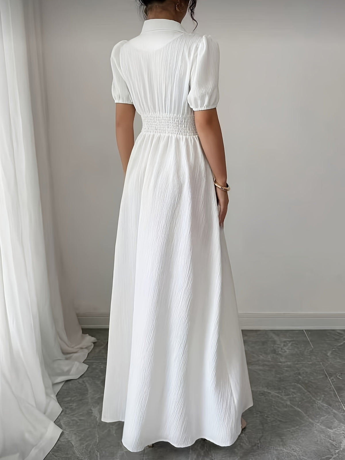Women'S Fashion Casual Gathered Elegant Shirt Dress - White