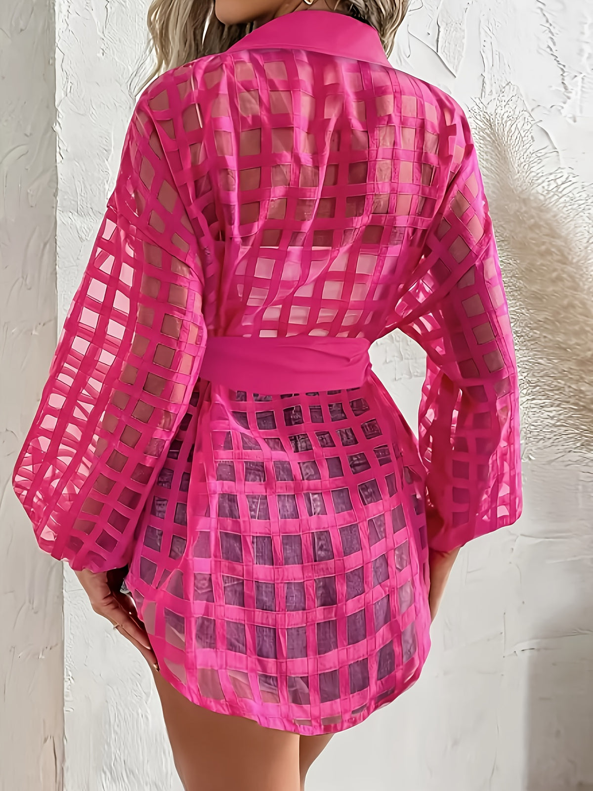 TD25042812 Women's 100% Polyester Sheer Mesh Plaid Collared Shirt with Belt Detail, Solid Color, All-Season Top, Suitable for Spring, Summer, and Autumn - Rose Red