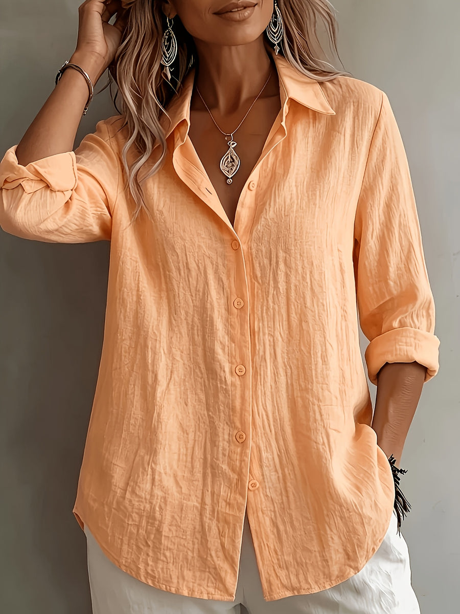 Women's Elegant Lapel Shirt, Loose Straight Fit with Long Sleeves, Lightweight, Comfortable, and Breathable Fabric, Versatile for Commuting and Casual Wear, Loose Straight Cut Flattering Design, Daily Comfortable and Relaxed Style - Orange